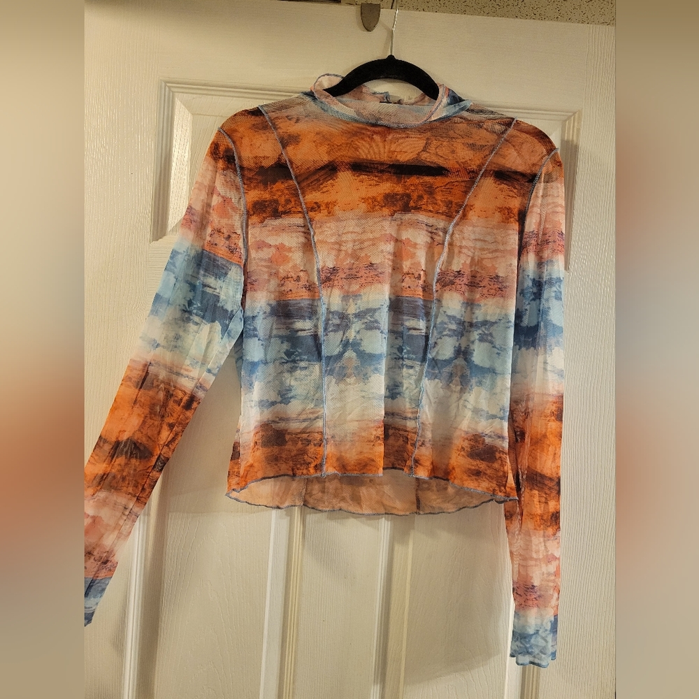 Wild fable xl sheer long sleeve crop top blue white and orange patern